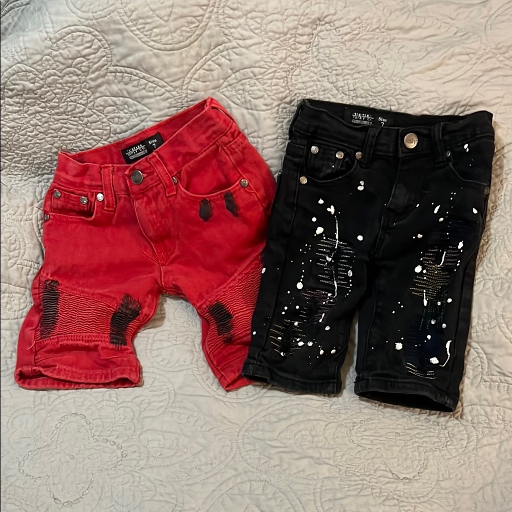 Red and Black Denim Shorts with Decorative Stitching